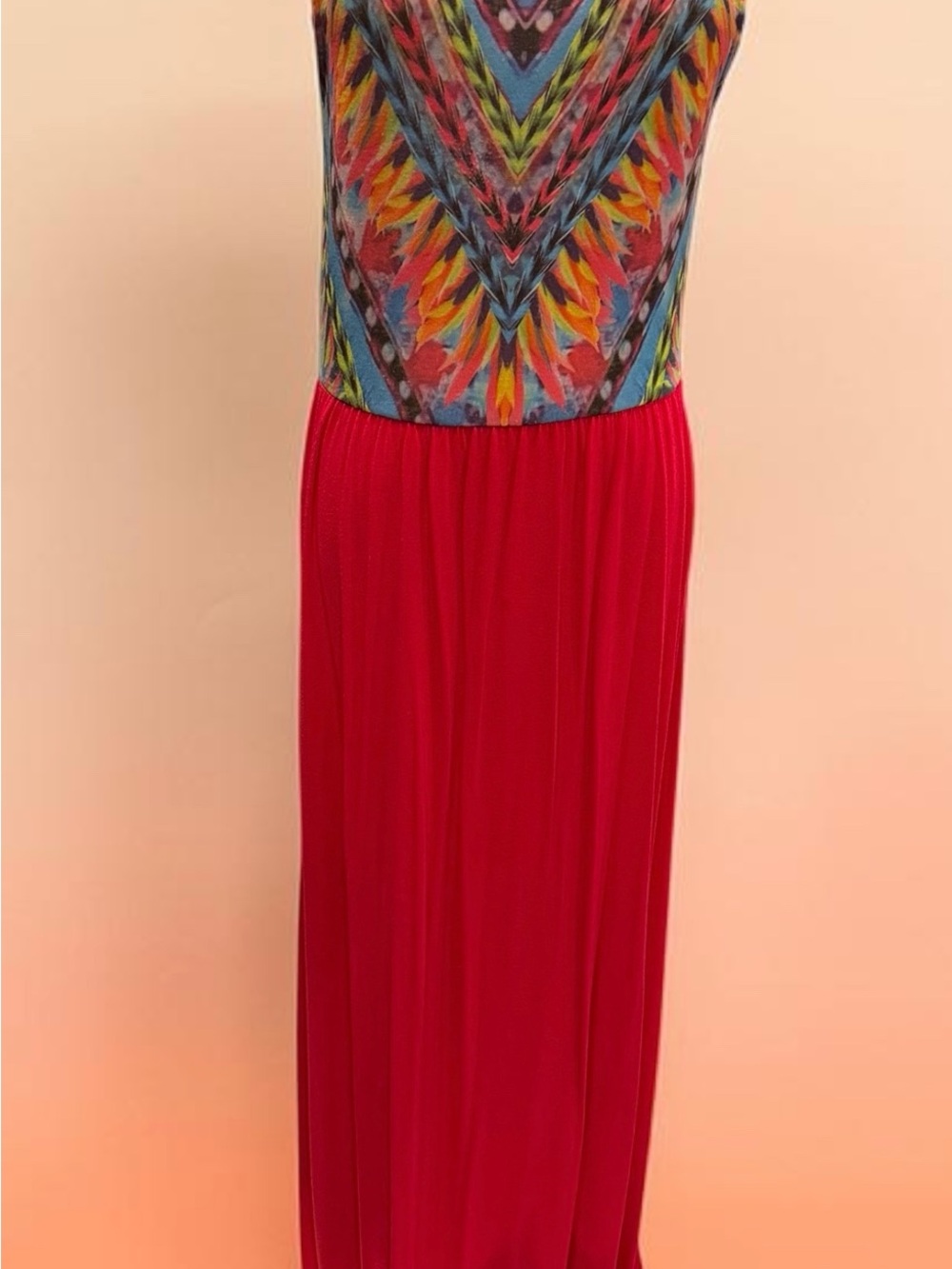 Multicolor Printed Bodice Hot Pink Maxi Dress